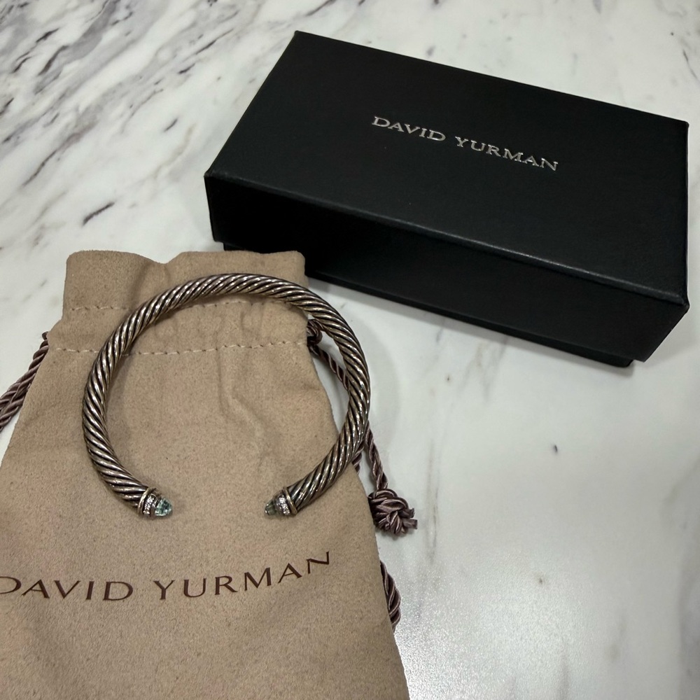 David Yurman Silver Cable Bracelet with Light Blue Accents